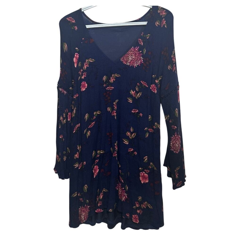 Altar'd State Women's Boho Chic Gauzy Blue Pink Floral Tunic Bell Sleeves Size L